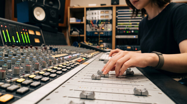Close up view of sound engineer hands adjusting faders on mixing console in music recording studio