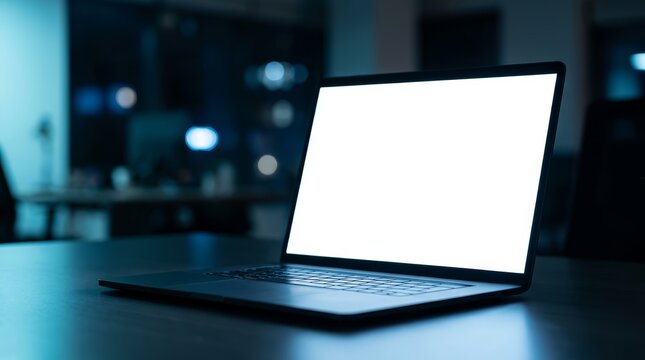 Blank white laptop screen on a dark office desk with cool blue ambient light and bokeh background.