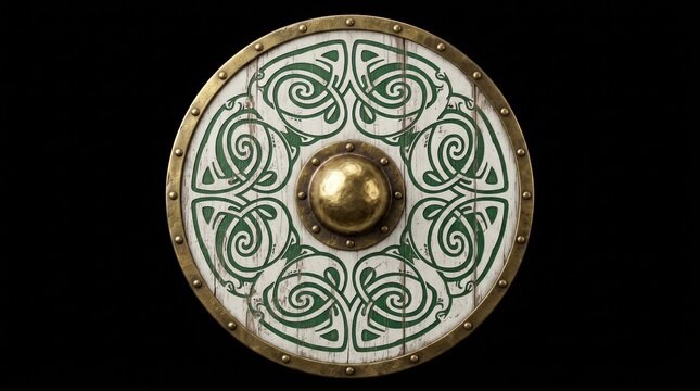 Celtic knot pattern on a round wooden Viking shield with a golden metal boss