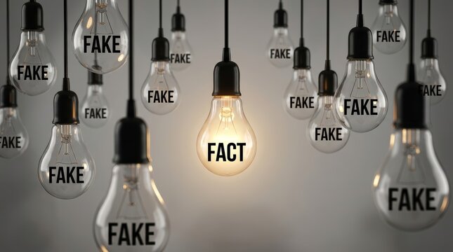 One bright light bulb with the word FACT stands out among several dark fake light bulbs.