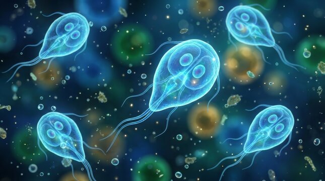 A detailed microscopic depiction of the Giardia lamblia parasite and its flagella