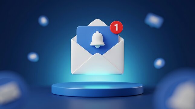 Digital communication alert showing an open 3D envelope with a notification bell and red badge icon.