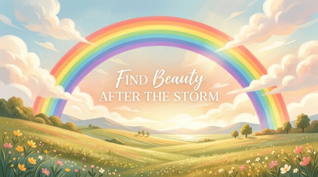 Vibrant rainbow arches over a serene, sunlit landscape with rolling hills and wildflowers, inspiring hope after a storm