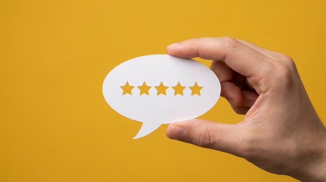 Customer feedback concept showing a hand with a five star rating speech bubble.