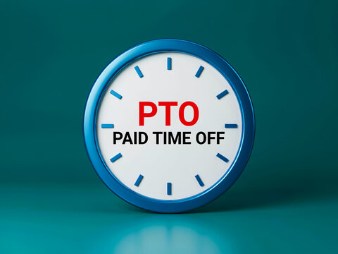 PTO paid time off concept clock stock photo. Blue wall clock with text PTO paid time off on face over green background, human resources concept photo.