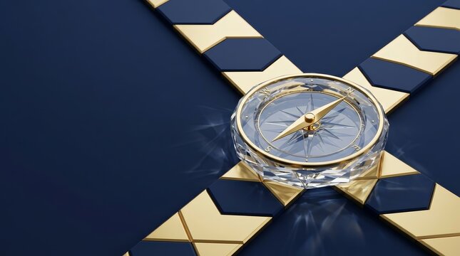 Conceptual image of a strategic business decision showing a compass at a tiled forked path.