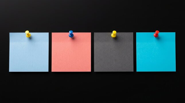 A set of multi-colored square sticky notes secured with push pins.