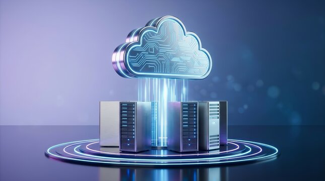 Robust cloud computing technology featuring a glowing circuit cloud icon and server rack infrastructure.
