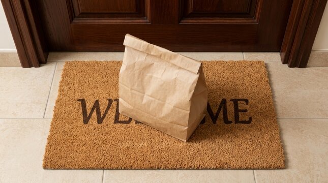 A brown paper bag sitting on a welcome mat outside a house door.