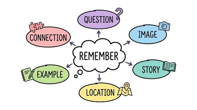 Educational infographic of memory cues including image, example, and question for recall.