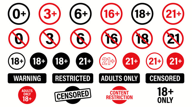 Age restriction icons set, 24 vector warning labels for adult content, censored and restricted rating signs for media