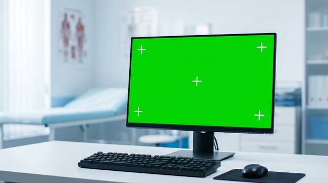Clinical setting computer workstation with green screen for connecting medical diagnosis and notes.