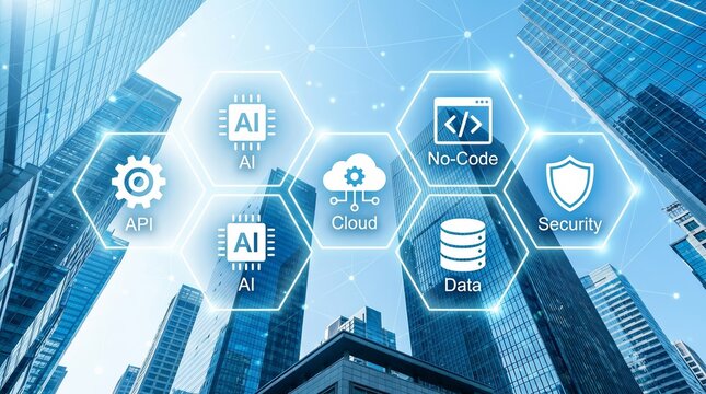 Innovative city skyline overlaid with API, data management, and futuristic technology icons.