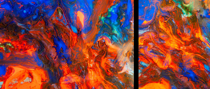 Abstract fluid acrylic painting backgrounds, premium blue and orange marble liquid textures set, luxury cosmic nebula paint splash artwork