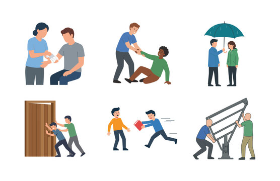 Collection of flat vector illustrations depicting people providing help and mutual assistance