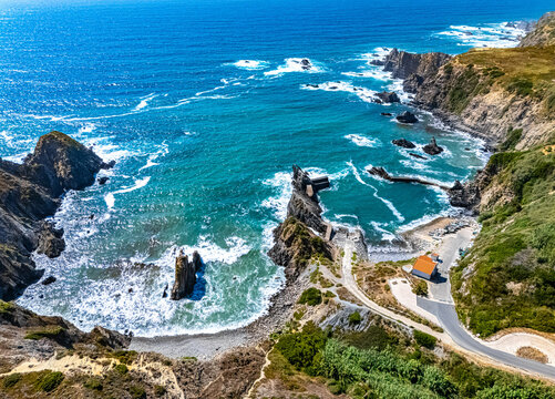 Aerial view of Azenha do Mar beach near Odeceixe, Portugal