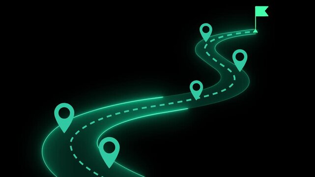 Neon glowing roadmap infographic with location pins and destination flag, business strategy and progress concept animation