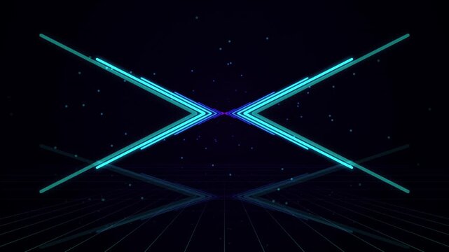 Blue and purple neon laser arrows crossing x shape futuristic tech background