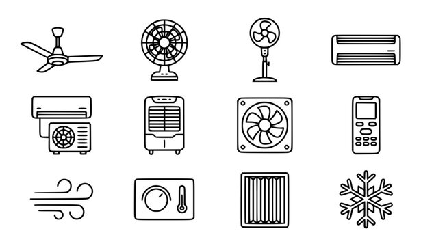 Fan Air Conditioning and Air Cooling Thin Line Icon Collection with AC Unit Ventilation Thermostat and Cooling Symbols