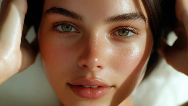 Close-up Portrait of a Young Woman with Freckles and Hazel Eyes