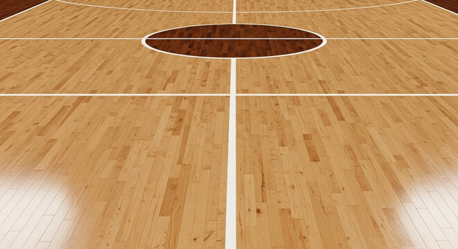 Polished hardwood flooring of an indoor sports arena displays painted boundary lines and a center circle showcasing durable timber construction inside a multiuse athletic gymnasium facility