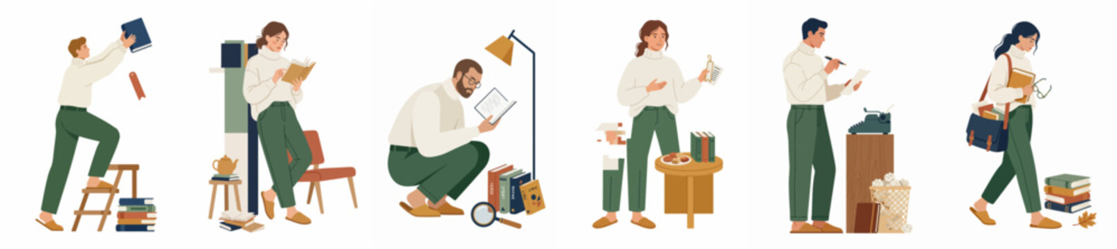 Collection of People Reading, Writing, and Studying with Books in a Flat Illustration Style