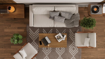 Obraz premium Top view of modern cozy living room interior with furniture