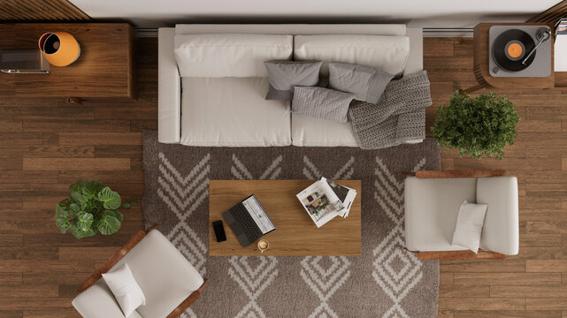 Top view of modern cozy living room interior with furniture