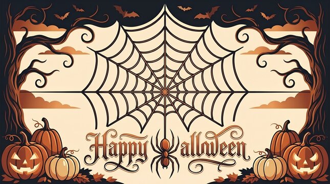 Vintage Halloween Banners Collection. Illustrated Reto Web Background. Spooky Tree, Pumpkin, Bats, and Spider Design. Nostalgic Autumn Illustration for Ornaments, Greetings, and Festive Events.