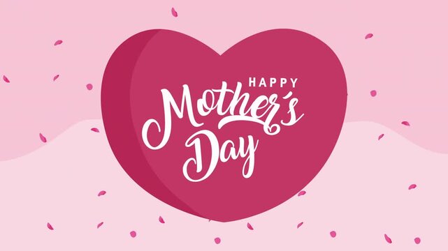 Happy mothers day animation featuring heart shape and falling pink flower petals on pastel background.