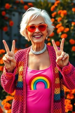 Joyful senior woman in colorful clothes and sunglasses showing peace signs in a garden