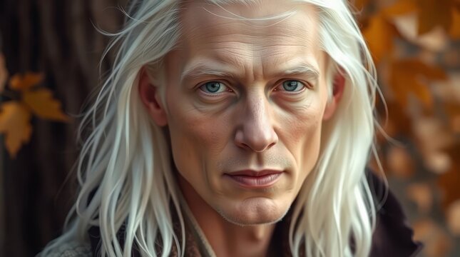 Portrait of a handsome man with long white hair and blue eyes against an autumn background