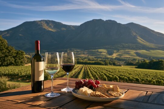 Rustic vineyard spread with wine, cheese, grapes, and mountain backdrop
