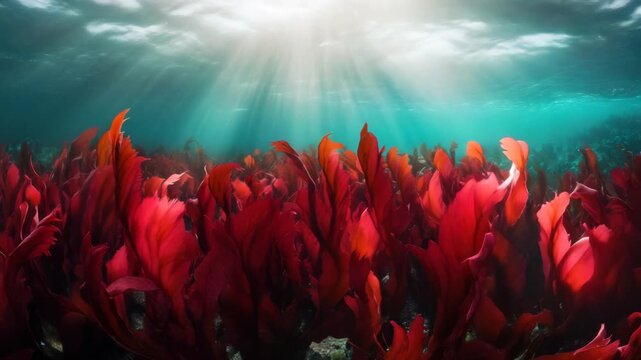 Underwater Scene of Red Seaweed with Sunbeams in Turquoise Water