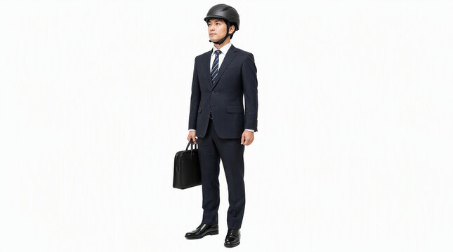 防災用のヘルメットをかぶった日本人の男性ビジネスマン