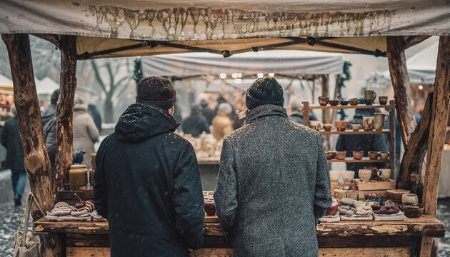 Two People Browsing Winter Market Stall from Behind