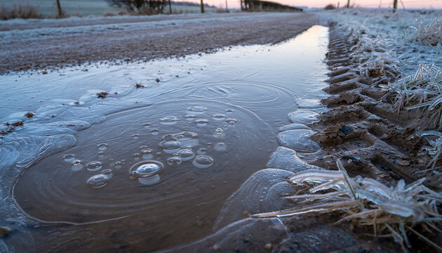 Ice-Covered Puddle on Farm Track with Bubble Pattern