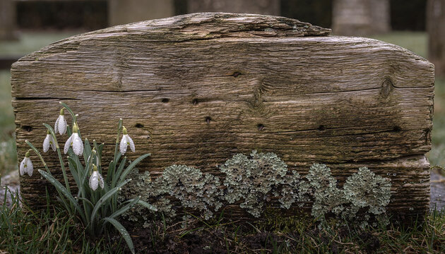 Weathered Wood Grave Marker with Lichen and Snowdrops
