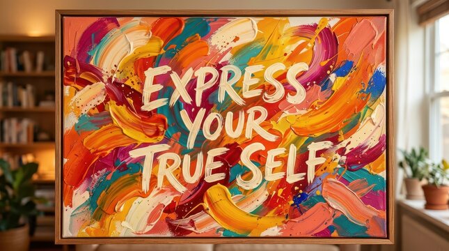 Vibrant Abstract Painting with "Express Your True Self" Text, Motivational and Inspirational Art Piece for Home Decor