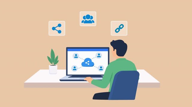 Modern flat vector animation showing a person working on a laptop with a cloud collaboration interface and floating sharing, team, and link icons, representing digital teamwork and online connectivity