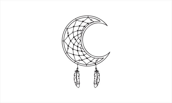 Crescent moon dreamcatcher with hanging feathers outline graphic vector art