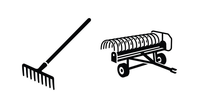 Garden rake and tedder machine depicted as black silhouettes on a white background
