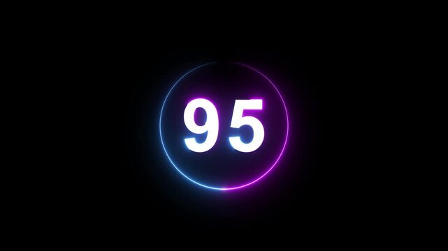 A dynamic circular animation, and glowing count neon number 95 animation . on a black background. and creating a stunning 4k video.