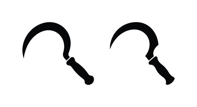 Two black sickle silhouettes against a white background showcase agricultural tools