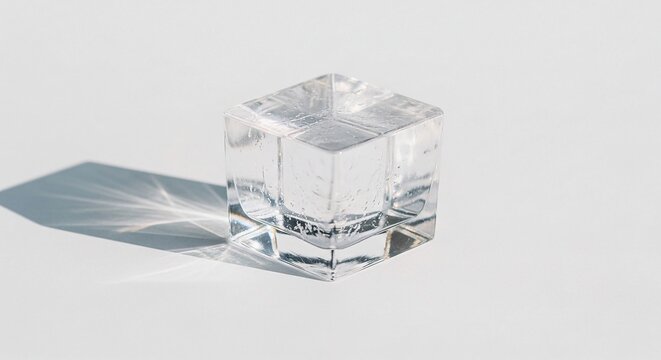 A Clear Crystal Glass Cube With Bubbles Displayed On A Light Surface With Subtle Shadows