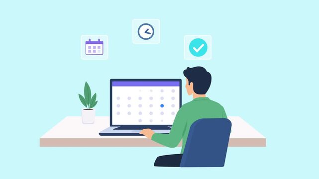 Modern flat vector animation showing a person working on a laptop with a task scheduling interface and floating calendar, clock, and completion icons, representing planning, productivity, and digital 