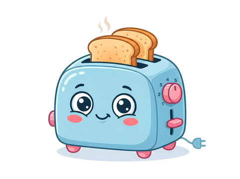 Cute cartoon blue toaster with two slices of bread