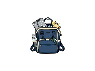 Fototapeta premium Blue Diaper Bag With Baby Bottle Pacifier And Toy Duck Vector Illustration