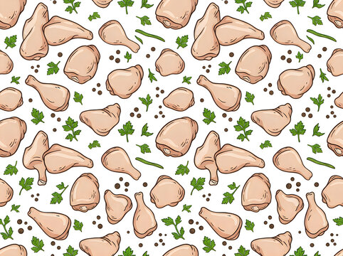 Seamless pattern with raw chicken meat pieces and herbs