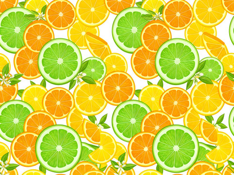 Seamless pattern with fresh orange and lime fruit slices